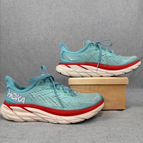 Hoka‎ One One Clifton 8 Shoes Blue & Red Mesh Running Lace Up Women's 7 - Picture 2 of 11